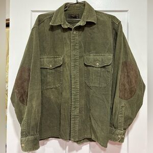 Vintage Eddie Bauer Green Corduroy Button up with Brown Suede ElbowPatches